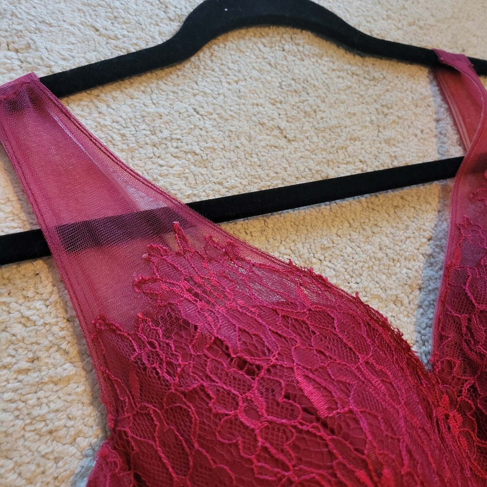 Azazie Burgundy V-Neck Lace Bodice Evening Gown - Picture 5 of 8